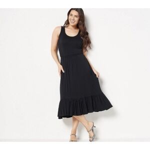 J Jason Wu Solid Knit Ruffle Midi Dress Black XS Stretch Tiered Casual Beach